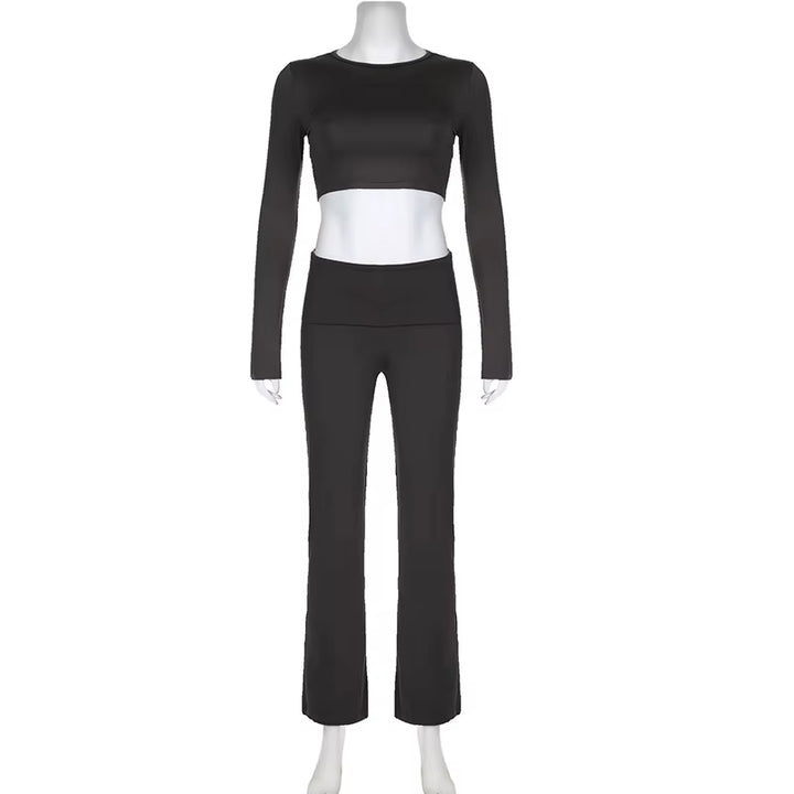 Yoga Casual Minimalist Solid Two Piece Set Skinny Sporty Women'S Long Sleeve Crop Tops +Turndown Waist Pants Trend 2PCS