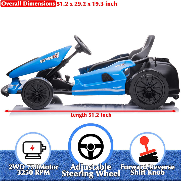 24V 10Ah Electric Go Kart with Drifting Function for Big Kids Age 6+, 2WD Ride on Car with Gas and Brake Pedal, Max Speed 7.5Mph, 135 Lbs Load Capacity - Blue