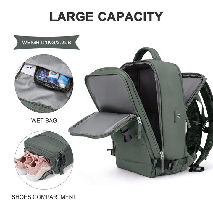 HYC00 Large Travel Backpack for Men and Women, Flight Approved Boarding Bag, Large Capacity Carry-On Backpack, Student School Bag, Dry and Wet Separation Sports Bag with Independent Shoe Compartment, Waterproof Laptop Backpack