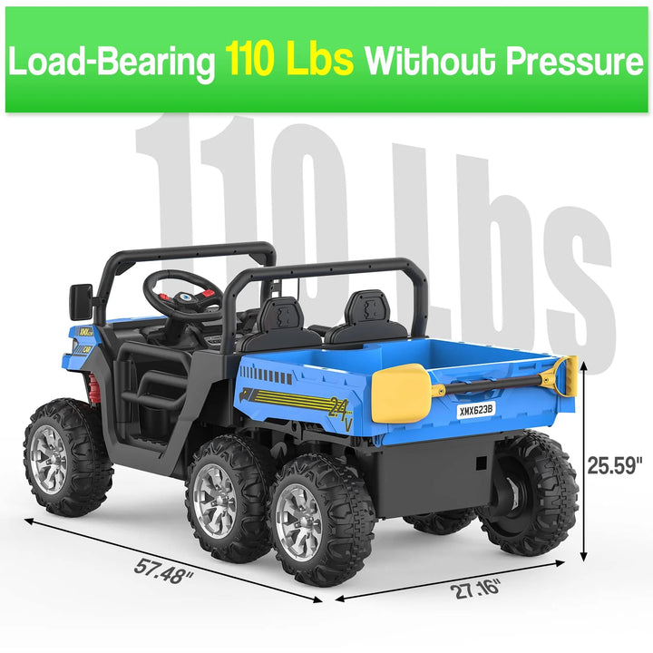 24 Volt 4WD Kids Ride on Dump Truck with Remote Control, 2 Seater Electric Powered 6-Wheel UTV Toys, Ride on Tractor Car W/ Tipping Bucket Trailer, Shovel, Suspension, Bluetooth Music, Blue