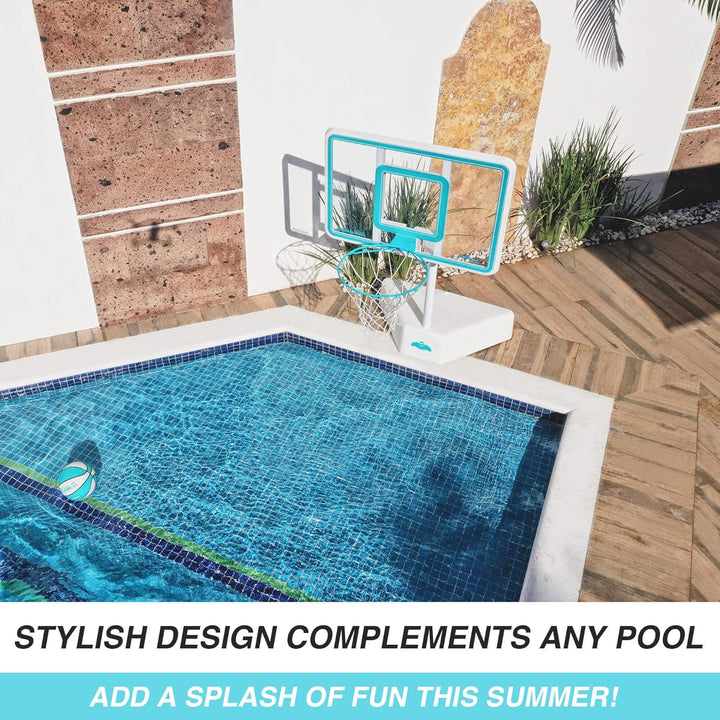 Dunn-Rite Splash & Shoot Outdoor Adjustable Height Swimming Pool Basketball Hoop W/Ball, Base, & 18 Inch Stainless Steel Rim, Made in USA, Clear