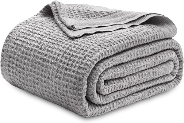 100% Cotton Blanket Queen Size for Bed - Waffle Weave Fall Blanket, Lightweight and Breathable Soft Woven Blanket for Summer, Grey, 90X90 Inches