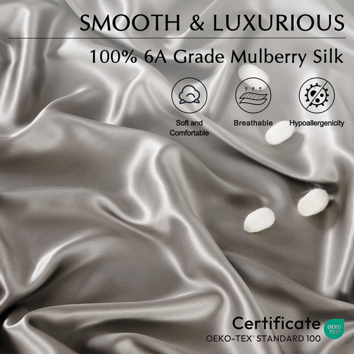 4 Pcs 100% Mulberry Silk Sheets Queen,All Side 19 Momme Silk (Queen, Dark Grey)