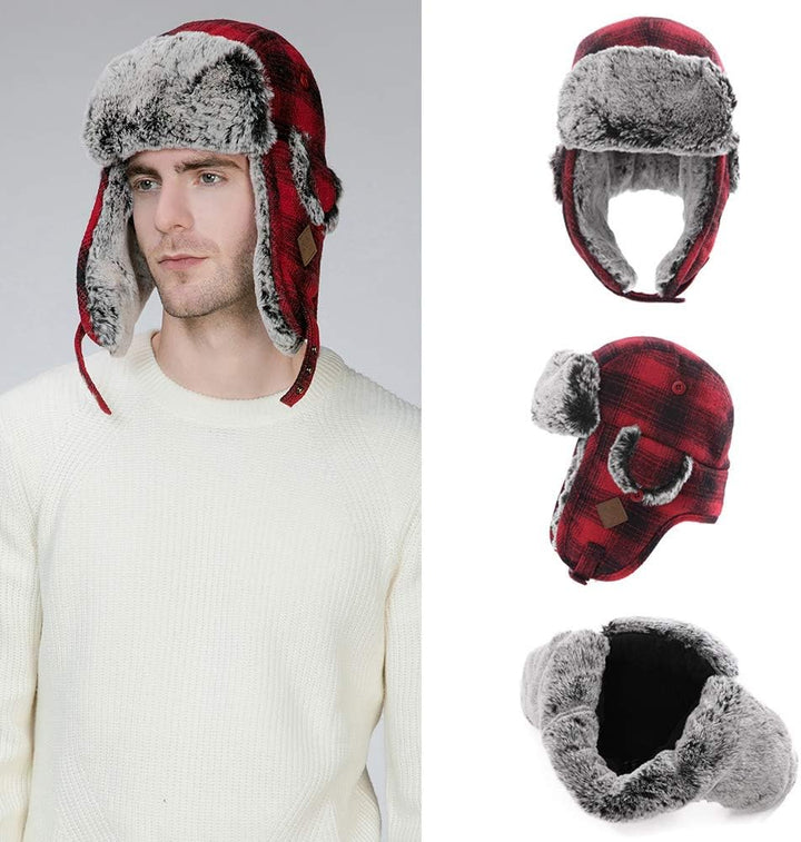 Stylish Plaid Winter Wool Trapper Faux Fur Earflap Hunting Hat Ushanka Russian Cold Weather Thick Lined 55-61CM