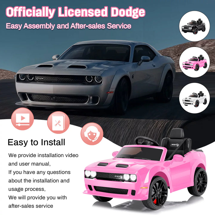 Dodge Challenger SRT Kids Ride on Car, 12 V Battery Powered Electric Vehicle W/ Remote Control,Bluetooth,Led Lights(Pink)