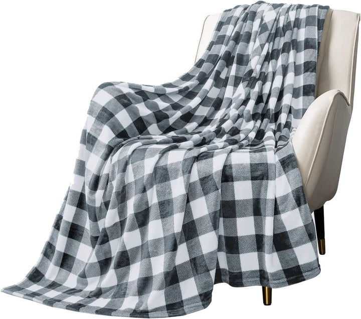 Flannel Fleece Throw Blanket for Couch, Buffalo Plaid Blanket Gray and White, Lightweight Cozy Soft Blanket for Bed Sofa 260GSM, Suitable for All Seasons (Gray White Checkered,60X50Inches)