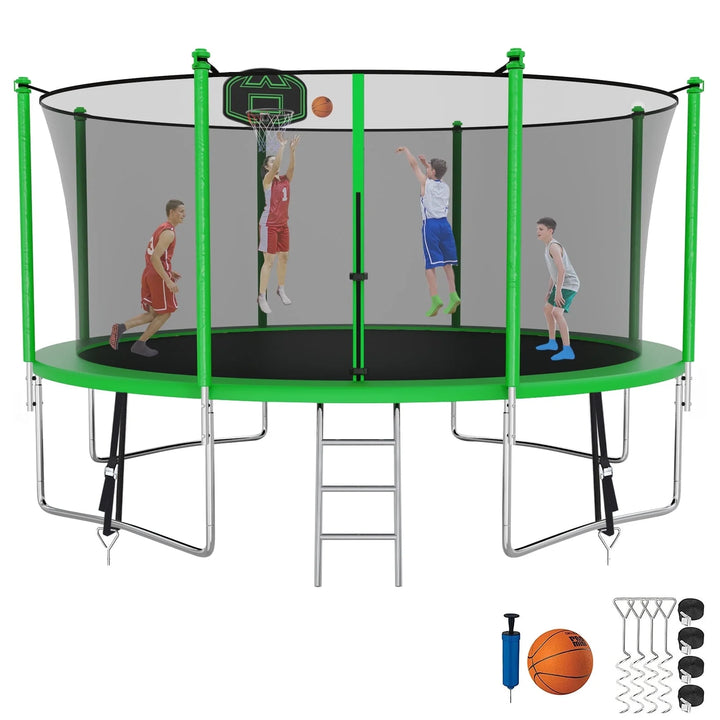 Trampoline 1400LBS 14FT Trampoline for Kids Adults, Trampoline with Basketball Hoop, Enclosure, Ladder and Wind Stakes, Outdoor Heavy Duty Galvanized Recreational Trampoline for Family