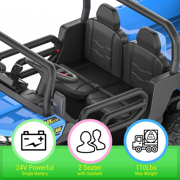 24 Volt 4WD Kids Ride on Dump Truck with Remote Control, 2 Seater Electric Powered 6-Wheel UTV Toys, Ride on Tractor Car W/ Tipping Bucket Trailer, Shovel, Suspension, Bluetooth Music, Blue