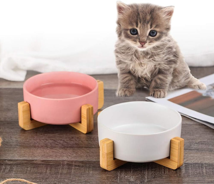 White Ceramic Cat Dog Bowl Dish with Wood Stand No Spill Pet Food Water Feeder Cats Small Dogs