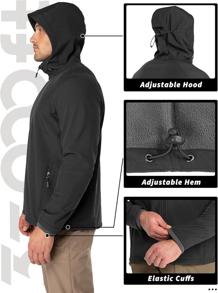 Men'S Hooded Softshell Jacket Waterproof Lightweight Insulated Windbreaker Fleece Lined Rain Shell Jacket