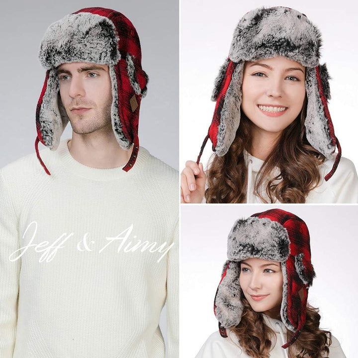 Stylish Plaid Winter Wool Trapper Faux Fur Earflap Hunting Hat Ushanka Russian Cold Weather Thick Lined 55-61CM