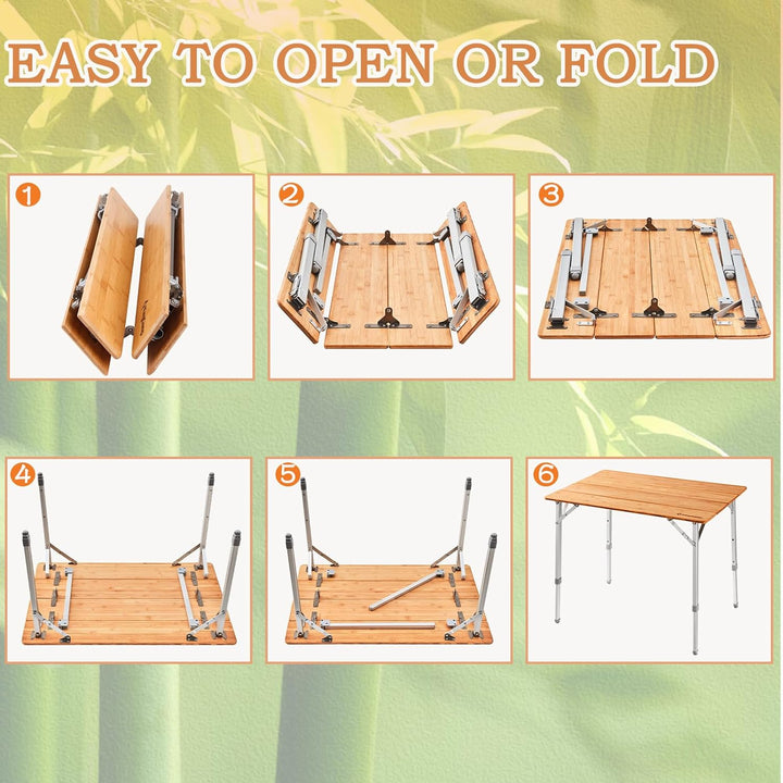 Bamboo Camping Table Folding Table with Adjustable Height Aluminum Legs Heavy Duty 176Lbs 4-Fold Portable Foldable Camp Tables for Travel, Picnic, 4-5 People