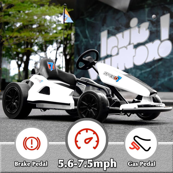 24V 10Ah Electric Go Kart with Drifting Function for Big Kids Age 6+, 2WD Ride on Car with Gas and Brake Pedal, Max Speed 7.5Mph, 135 Lbs Load Capacity - White