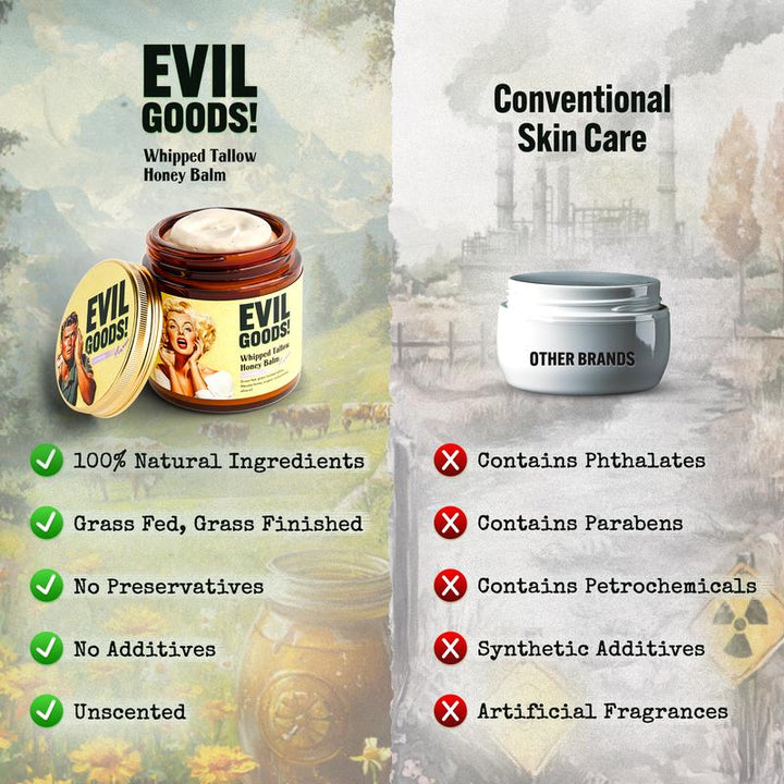 EVIL GOODS Whipped Beef Tallow and Manuka Honey Balm, 4Oz, Organic Face Cream, Moisturizer, Body Lotion, Skin Care and Lip Balm