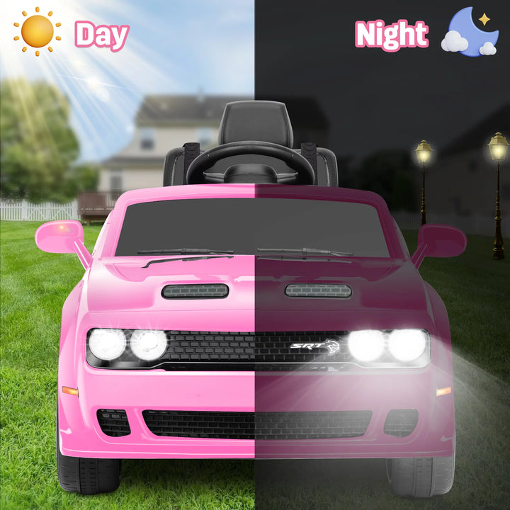 Dodge Challenger SRT Kids Ride on Car, 12 V Battery Powered Electric Vehicle W/ Remote Control,Bluetooth,Led Lights(Pink)