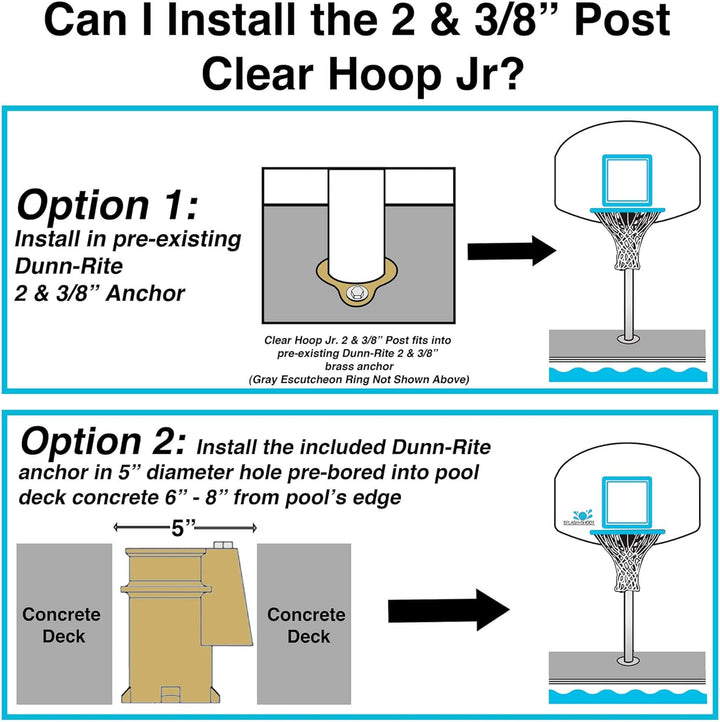 Dunn-Rite Clear Hoop Jr. Deck-Mounted Poolside Basketball Hoop W/Ball, 2 & 3/8" Brass Anchor W/Cap, & 14 Inch Stainless Steel Rim