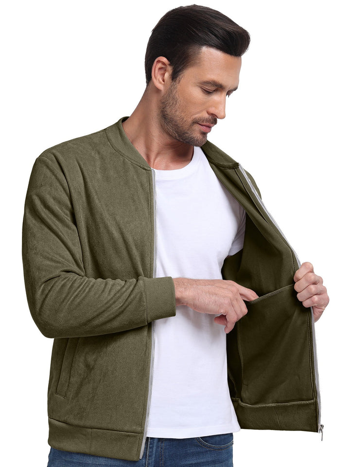 Men'S Casual Varsity Jacket Vintage Suede Bomber Jackets Lightweight Outerwear Coat Army Green S