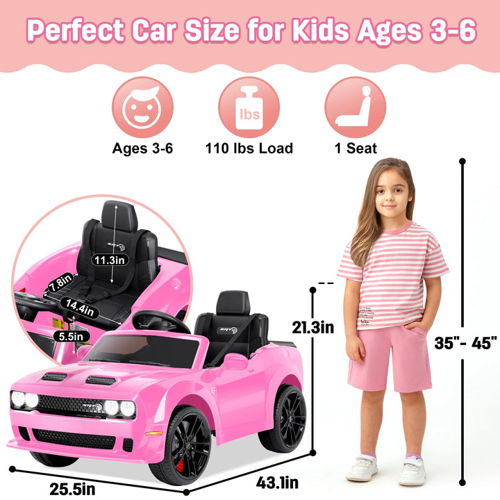 Dodge Challenger SRT Kids Ride on Car, 12 V Battery Powered Electric Vehicle W/ Remote Control,Bluetooth,Led Lights(Pink)