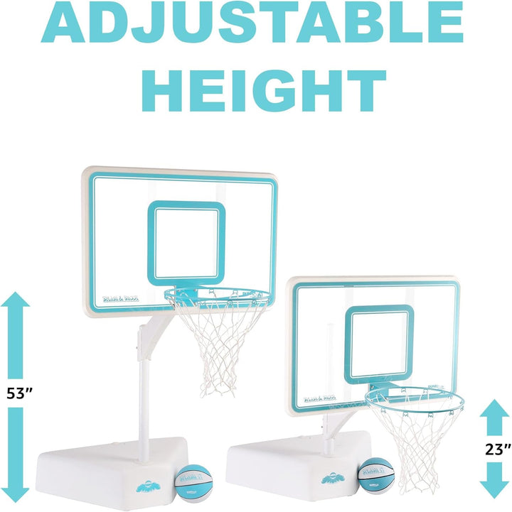 Dunn-Rite Splash & Shoot Outdoor Adjustable Height Swimming Pool Basketball Hoop W/Ball, Base, & 18 Inch Stainless Steel Rim, Made in USA, Clear