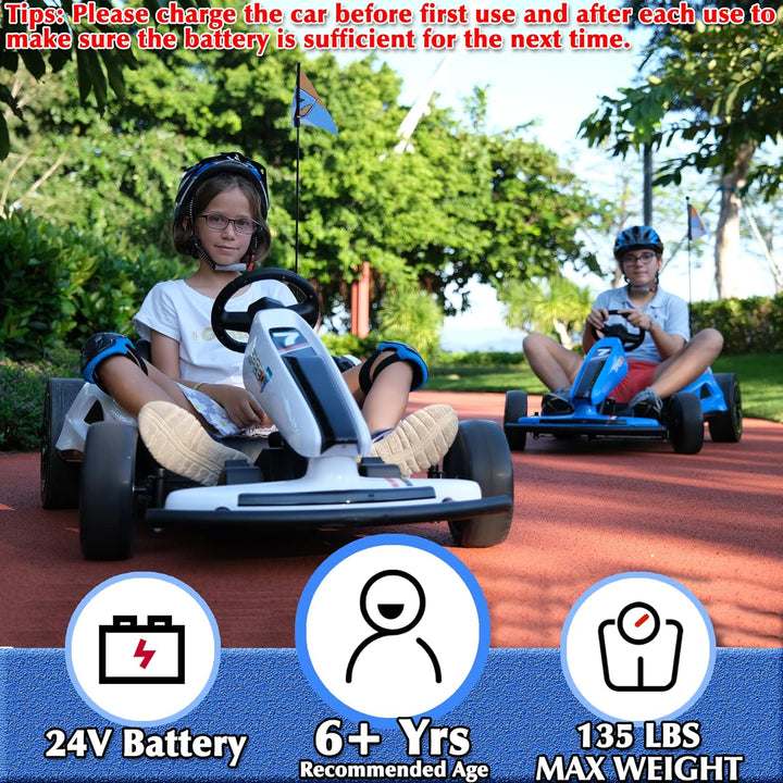 24V 10Ah Electric Go Kart with Drifting Function for Big Kids Age 6+, 2WD Ride on Car with Gas and Brake Pedal, Max Speed 7.5Mph, 135 Lbs Load Capacity - Blue