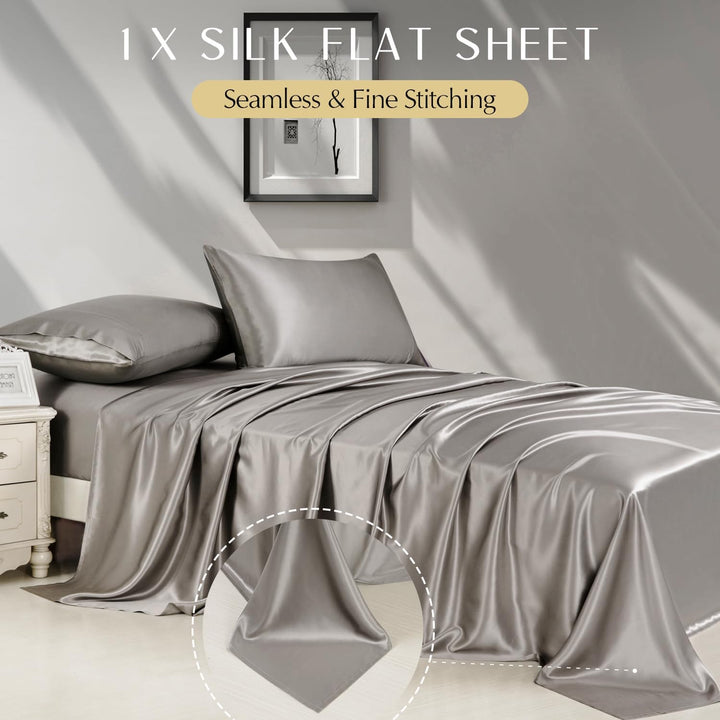 4 Pcs 100% Mulberry Silk Sheets Queen,All Side 19 Momme Silk (Queen, Dark Grey)