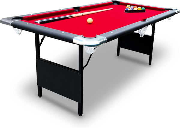 Fairmont 6 Ft Portable Pool Table, Adults Folding Billiards Tables for Game Room with Easy Foldable Storage, Includes Full Set of Billiard Balls, Cues, Chalk & Brush