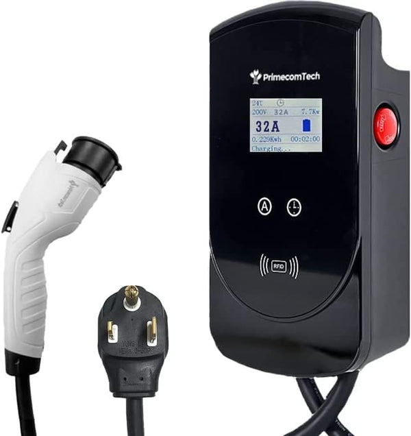 32Amp Smart Electric Vehicle (EV) Wall Charging Station - Level 2 EVSE- 220/240 Volt- 32 Amp Electric Car Charger, Plug-In Station, 30Ft Wall-Charger (6-50P)